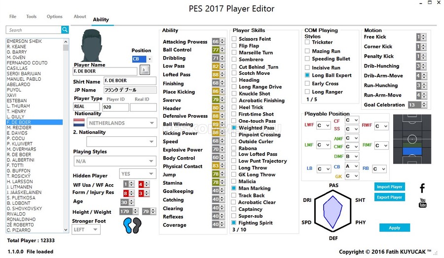 PES 2017 Player Editor v1.1 by Fatih Kuyucak