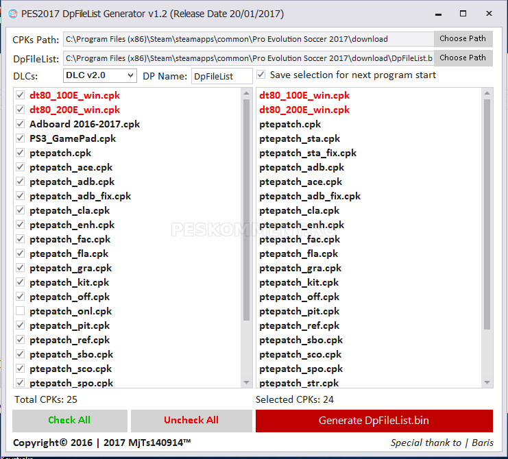 DpFileList Generator v1.2 на 100 .cpk-файлов
